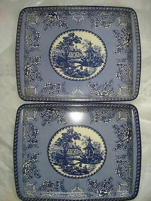 2 X DAHER Decorated Ware TIN 6 X 7 3/4   TRAYS Blue Asian Pagoda Design England  • $28.99