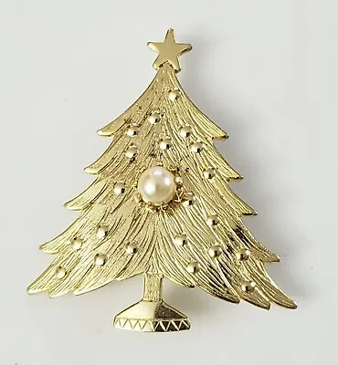 Vintage Goldtone Faux Pearl Christmas Tree Holiday 2 Inch Brooch Pin • $16.99