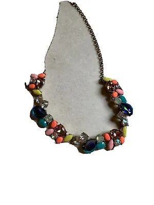 J CREW Statement Necklace Gold Tone Neon Orange Pink Crystal Floral Clusters 21  • $20
