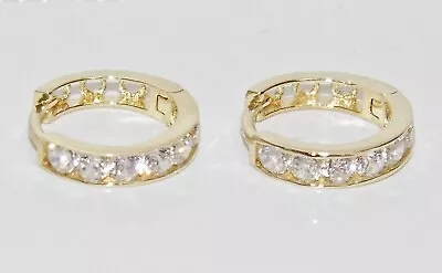 9ct Gold Diamond Huggie Hoop Earrings - Solid 9K Gold - Hinged - Simulated • £64.95