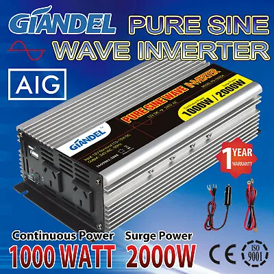 Giandel Pure Sine Wave 1000W/2000W Power Inverter 12V-240V Cigarette Light Plug • $123