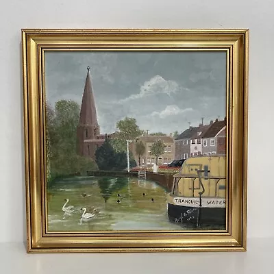 Vintage Canal Boat Swans Nautical Oil Painting • £19