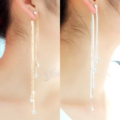 Womens Earrings Long Drop Diamante Bridal Tassel Gold Silver Dangle Crystal Stud • £3.29