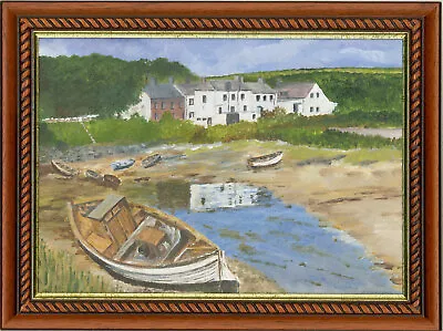 J. Mawhinney - Contemporary Oil Village Scene With Beached Boats • $82.07