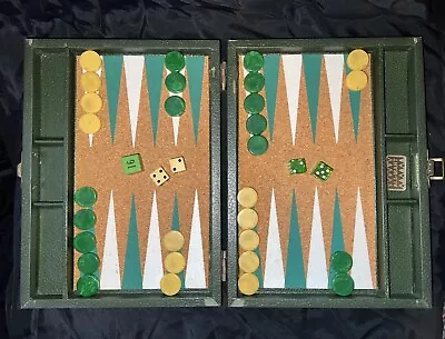 Vintage Mini BAKELITE Backgammon Travel Set GREEN Swirl & Yellow Butterscotch • $195