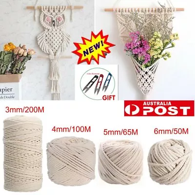 3/4/5/6MM Macrame Rope Natural Cotton Twisted Cord Artisan Hand Craft 50-200M GV • $25.89
