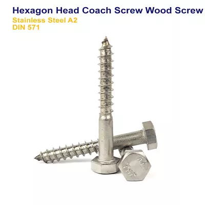 M6 M8 M10 M12 Hexagon Head Coach Screws Wood Screw Stainless Steel A2 Din 571 • £1.49