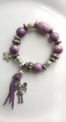 Purple Silver Tone Beaded Bracelet Fairy & Flower Detail Elasticated • £5