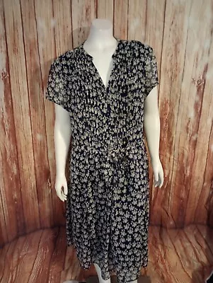 MSK Navy Floral Short Sleeve Belted Vneck Dress Sz 16 • $13.99