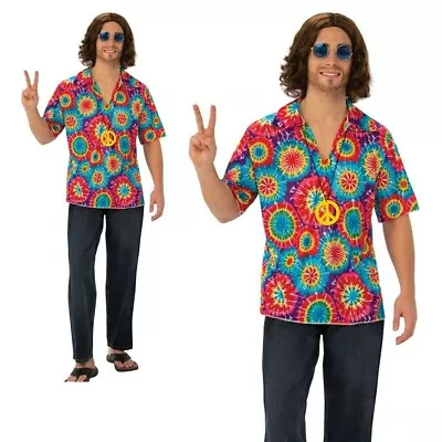 Adult Flower Power 60s 70s 1960s Hippy Hippie Fancy Dress Shirt Necklace Mens • £15.99