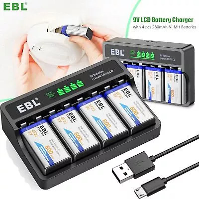 EBL 4x 9 Volt Lithium-ion Battery 9V Li-ion Rechargeable Batteries W/ Charger • £29.99