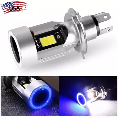 US Motorcycle LED Headlight H4 9003 HB2 Kit Hi/Lo Beam Bulb White Blue Angel Eye • $14.95