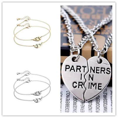 Silver Broken Heart Partners In Crime Best Friend Pendant Necklace Bracelet Set • £2.99