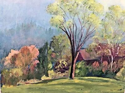 Vintage Original Oil On Board Signed VT Artist Mary Conant Cabin Trees 18  X 14  • $90