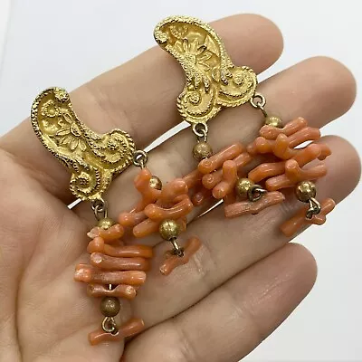 VTG 80s RARE GOLD PAISLEY FAUX BRANCH CORAL NAUTICAL DANGLE EARRINGS CLIP-ON BIG • $18.36
