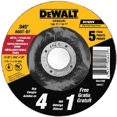 Dewalt DW8424B5 5 Pack 4.5  X .045  X 7/8  Metal Cutting Wheel • $28.49