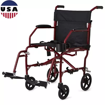 Transport Wheelchair Wide Seat Folding Permanent Desk-Length Arms Red Frame Hot • $192.35