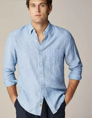 J Crew Mens Button Down Shirt Irish Linen Long Sleeve Blue Size XXL Slim Fit • $50