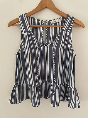 Hollister Womens Sleeveless Top Size S Tie Front Blue White Striped Ruffle Hem • $14