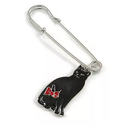 Medium Safety Pin With Black Enamel Cat Charm Brooch In Silver Tone - 60mm • £10.80