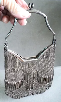 Perfect Antique 900 Silver CHAIN MESH PURSE Wristlet Fringe RUFFLE Blue Gems 10  • $299.95