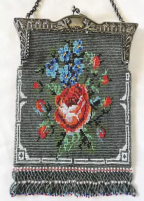 $49 • Buy Antique Vintage Beaded Fringe Purse Handbag Flower Bouquet