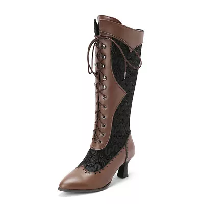 Ladies Steampunk Cowboy Boots Pointed Toe Mid Heels Lace Wedding Mid Calf Boots • $58.79