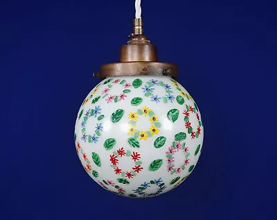 1930s English Art Deco Opaline Globe Pendant Lamp W/ Hand-Painted Flowers • £160