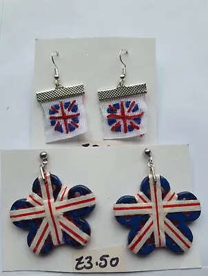 2 Pairs Of Union Jack Earrings. 1 Pair Hook Sewn Flags & 1 Stud Pair On Flowers • £3.49