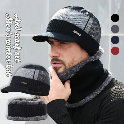 Warm Hat Mens Knitted Visor Beanie Fleece Lined Billed Beanie Brim Caps 1X • $8.47