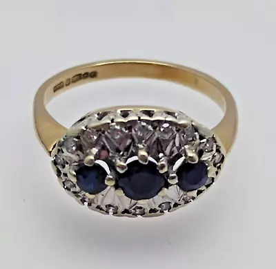 9ct Gold Ring Sapphire & Diamonds Natural Gemstone Ring Size M - 9ct Yellow Gold • $456.40