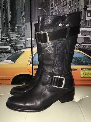 Vera Wang Lavender Motorcycle Boots With Buckles Distressed Black 37/6.5M • $52.50