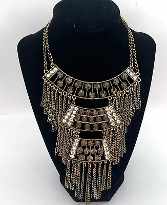 Egyptian Revival Necklace Statement Brass Toned Rhinestone Chain Dangle • $20