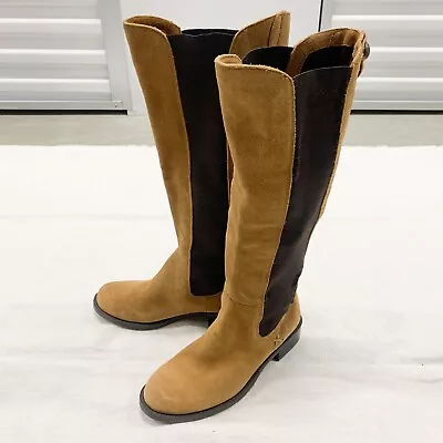 Vince Camuto Kentima Tall Riding Boots Brown Tan Suede Stretch Panel SZ 5.5 • $40