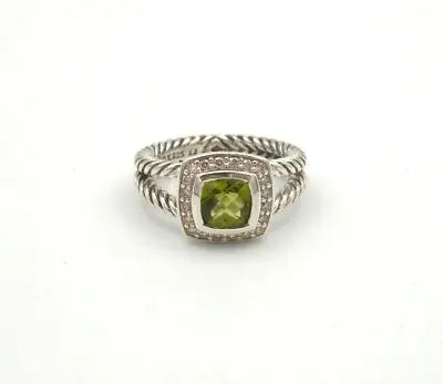 David Yurman Petite Albion Green Peridot & Diamond Ring Sterling Silver 925 Sz 7 • $499