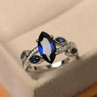 14K White Gold Plated 2.00CT Marquise Cut Blue Sapphire Engagement Wedding Ring • $77.49