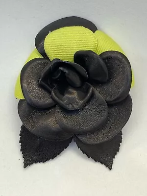 CHANEL Vintage CAMELLIA Leather & Textile Lime Green BROOCH Pin Rare • $349