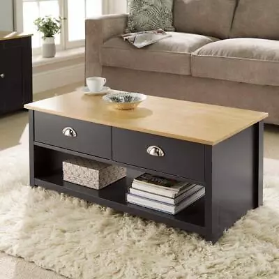 Coffee Table 2Drawer Oak Graphite Occasional Table DCup Metal Handles Seconds • £44.99