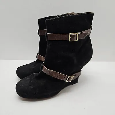 MISS ALBRIGHT Black Suede Navette Ankle Boots Booties Wrapped Wedge ~ Size 10 • $17.80
