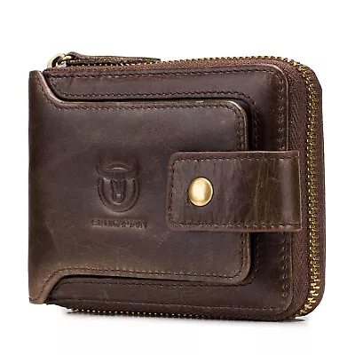 BULLCAPTAIN Mens Wallet Genuine Leather RFID Zip Around Bifold W/Zip Coin Pocket • $18.99