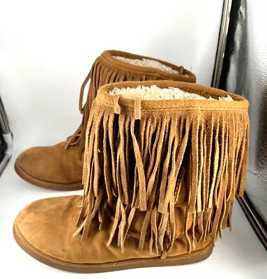 Justice Brand Fringed Brown Ankle Boot Moccasins BOHO Hippie Fleece Women 8 (LK • $5.99