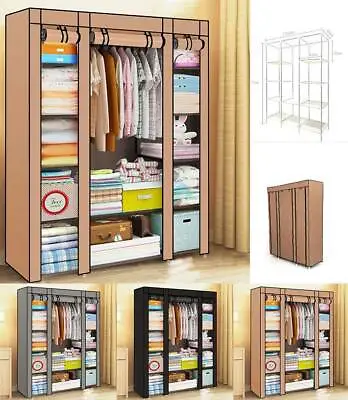 £21.69 • Buy Fabric Canvas Wardrobe With Clothes Hanging Rail Shelves Storage Cupboard Grey