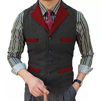 Mens Tweed Western Vest Vintage Retro Herringbone Grooms Waistcoat 42 44 46 48 • $30.27