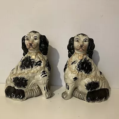 Pair Of Antique Victorian Staffordshire Mantle Wally Dogs English Spaniel • £93.31