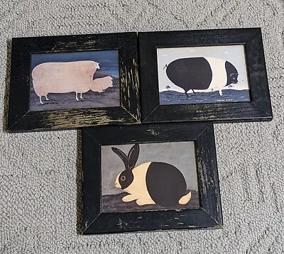 Warren Kimble Bunny Sheep Pig Print Folk Art Farm Country Wood Framed Set Of 3 • $90