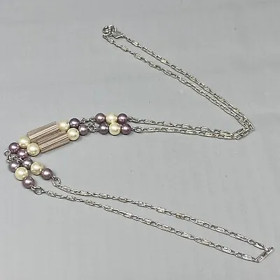 £12.85 • Buy VINTAGE Sarah Coventry Necklace Pink Cream Faux Pearl Silver Tone Chain Station