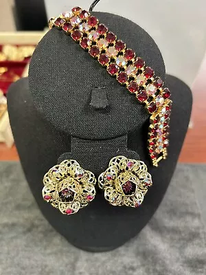 Vintage Jewelry Set: Gold Tone & Red Stone Clip Earrings & Bracelet • $10