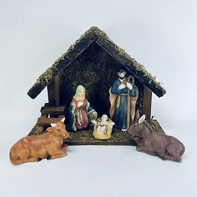 Vintage 6 Piece Nativity Set Wood Manger 8” Stable Hand Painted Ceramic Figures • $19.49