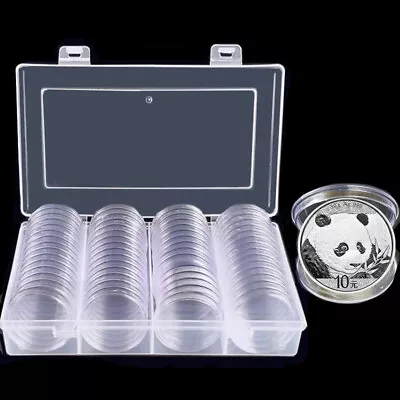 60PCS 40mm Clear Round Case Coin Storage Capsules Holder Containers With Box • £12.99