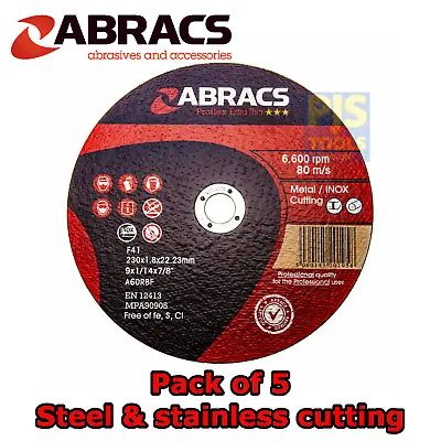 5 X Abracs 230mm X 1.8mm Thin Metal Cutting Slitting Discs Steel Inox Stainless • £15.50